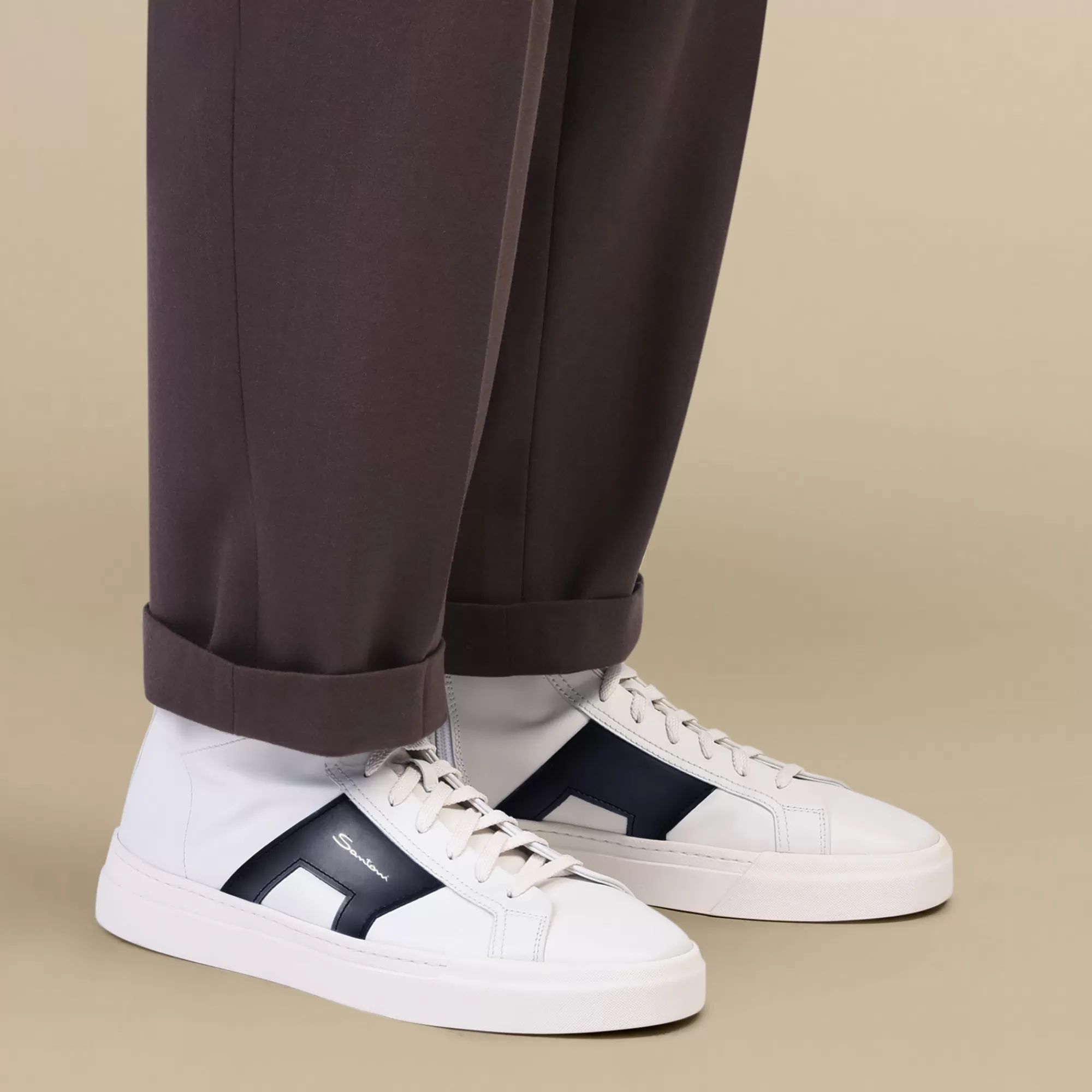 Cheap Double buckle sneaker alta da uomo in pelle bianca e blu Vedi tutte le calzature | Sneakers