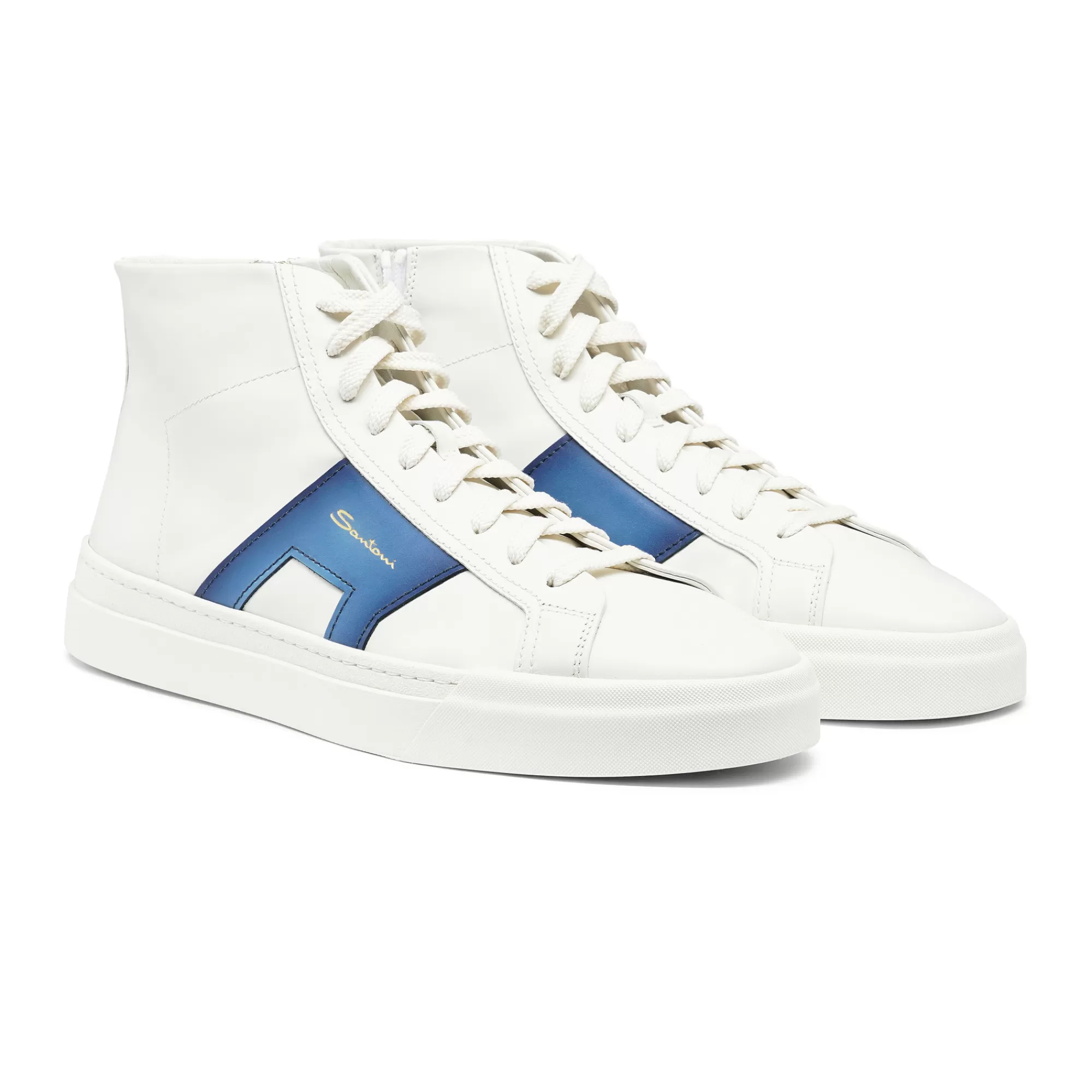 Cheap Double buckle sneaker alta da uomo in pelle bianca e blu Vedi tutte le calzature | Sneakers