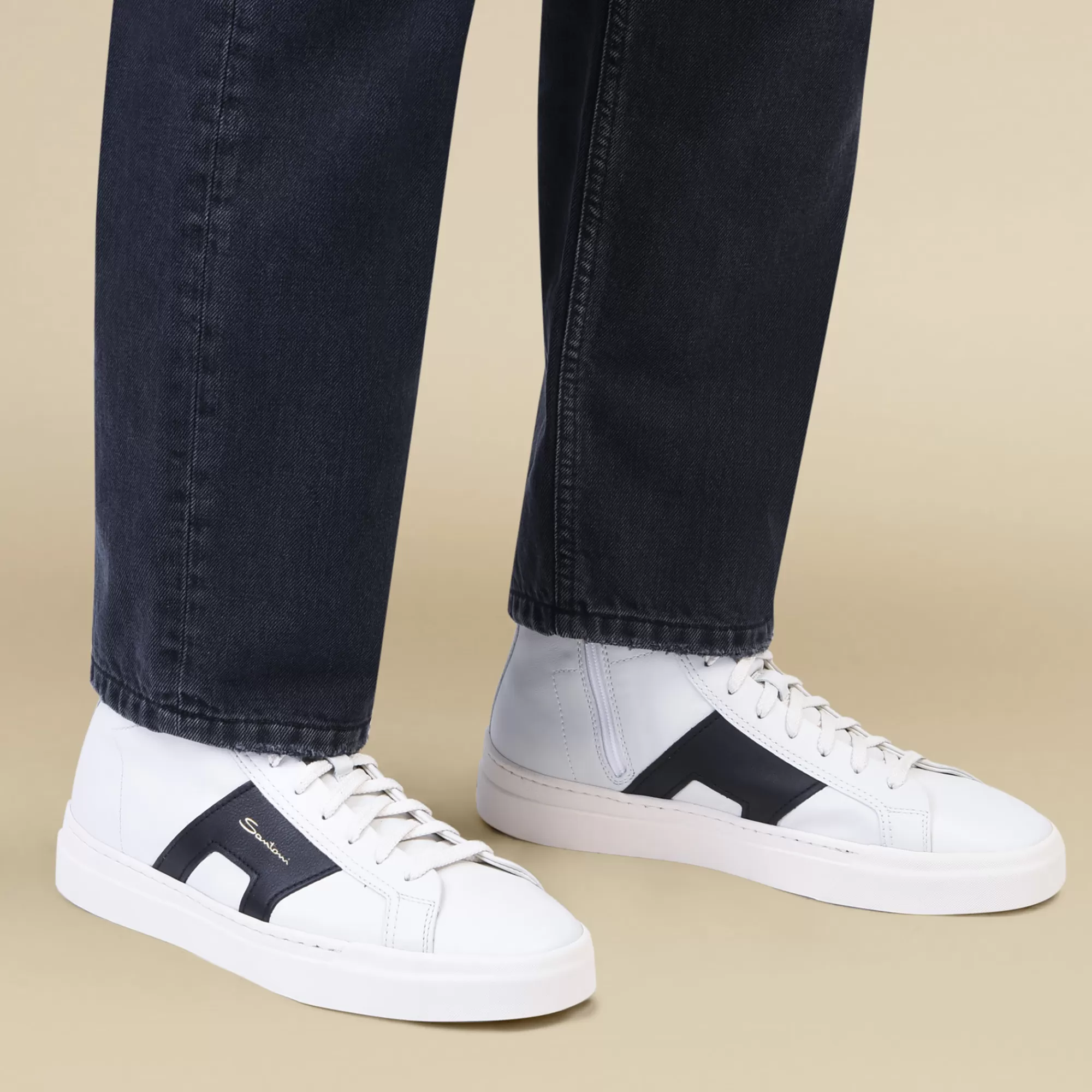 Cheap Double buckle sneaker alta da uomo in pelle bianca e nera Vedi tutte le calzature | Sneakers