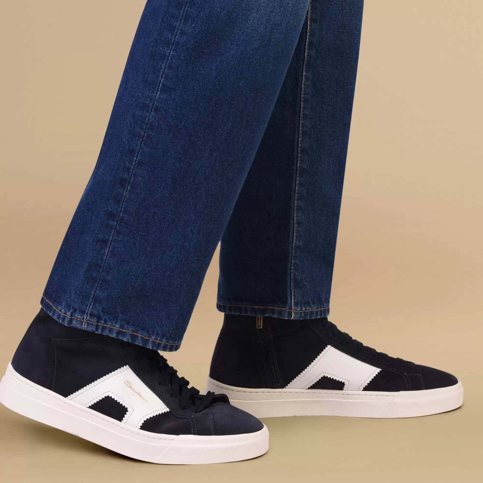 Flash Sale Double buckle sneaker alta da uomo in suede e pelle blu e bianca Vedi tutte le calzature | Sneakers