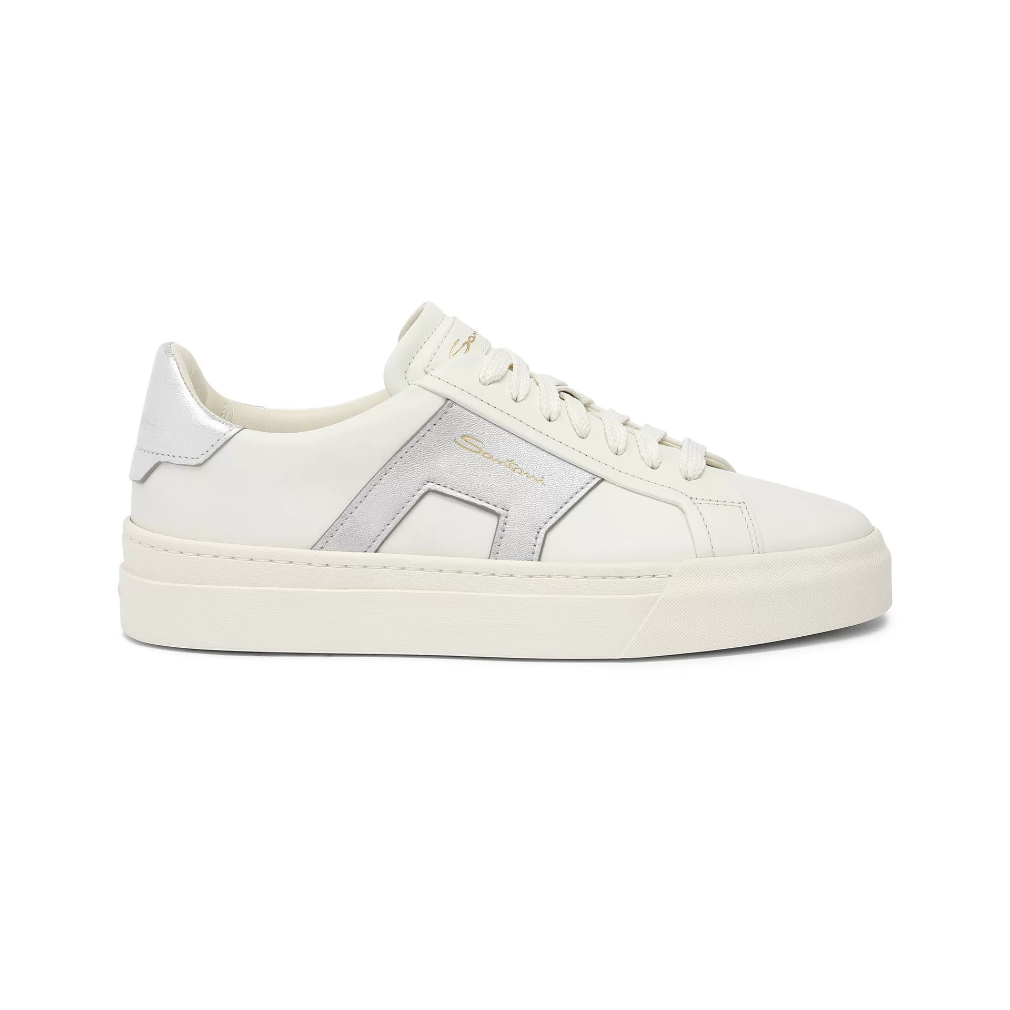 Cheap Double buckle sneaker da donna in pelle bianca e argento Vedi tutte le calzature | Sneakers