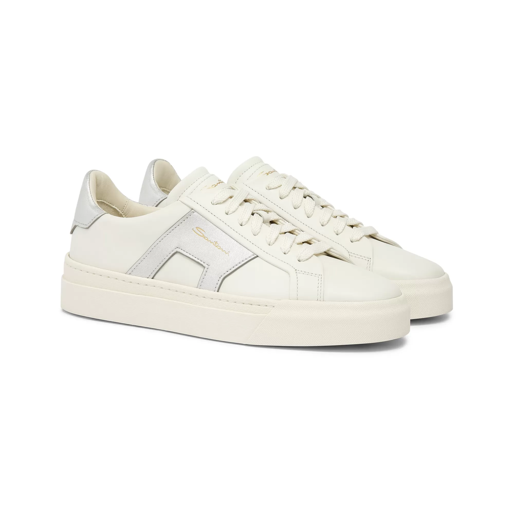 Cheap Double buckle sneaker da donna in pelle bianca e argento Vedi tutte le calzature | Sneakers