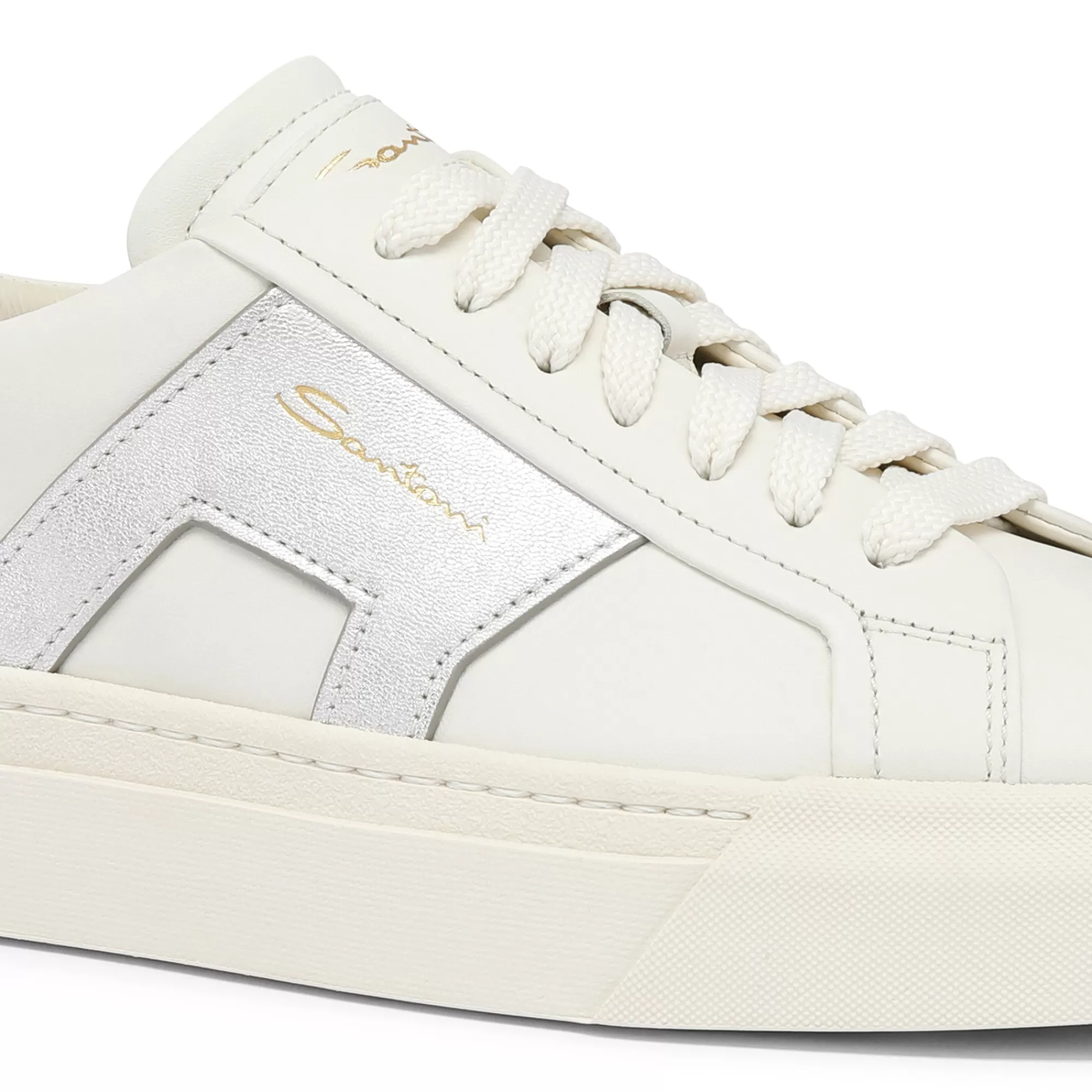 Cheap Double buckle sneaker da donna in pelle bianca e argento Vedi tutte le calzature | Sneakers