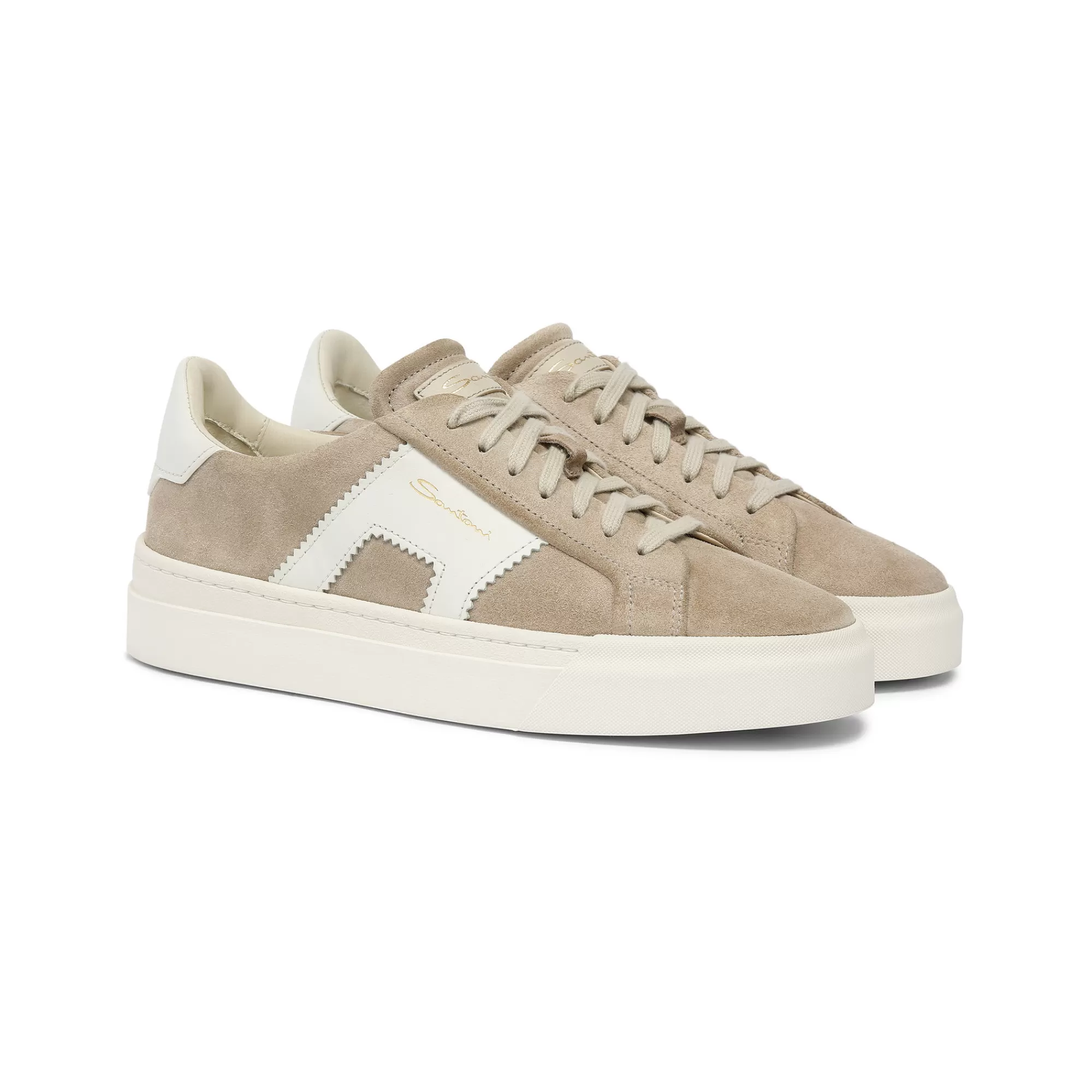 Shop Double buckle sneaker da donna in suede e pelle beige e bianca Vedi tutte le calzature | Sneakers