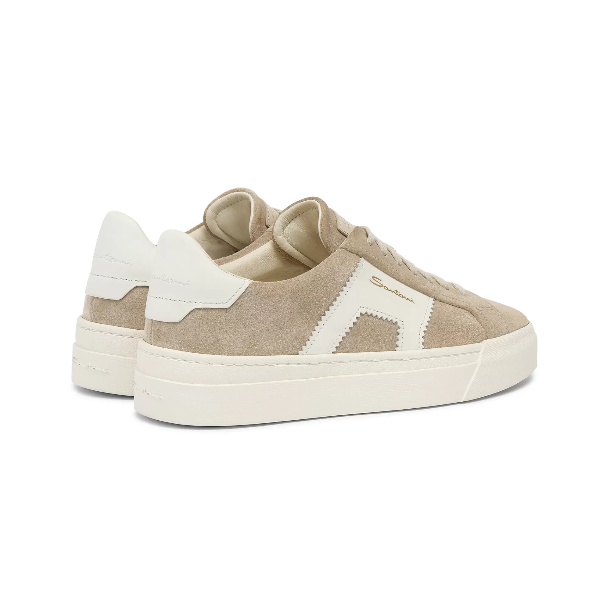 Shop Double buckle sneaker da donna in suede e pelle beige e bianca Vedi tutte le calzature | Sneakers