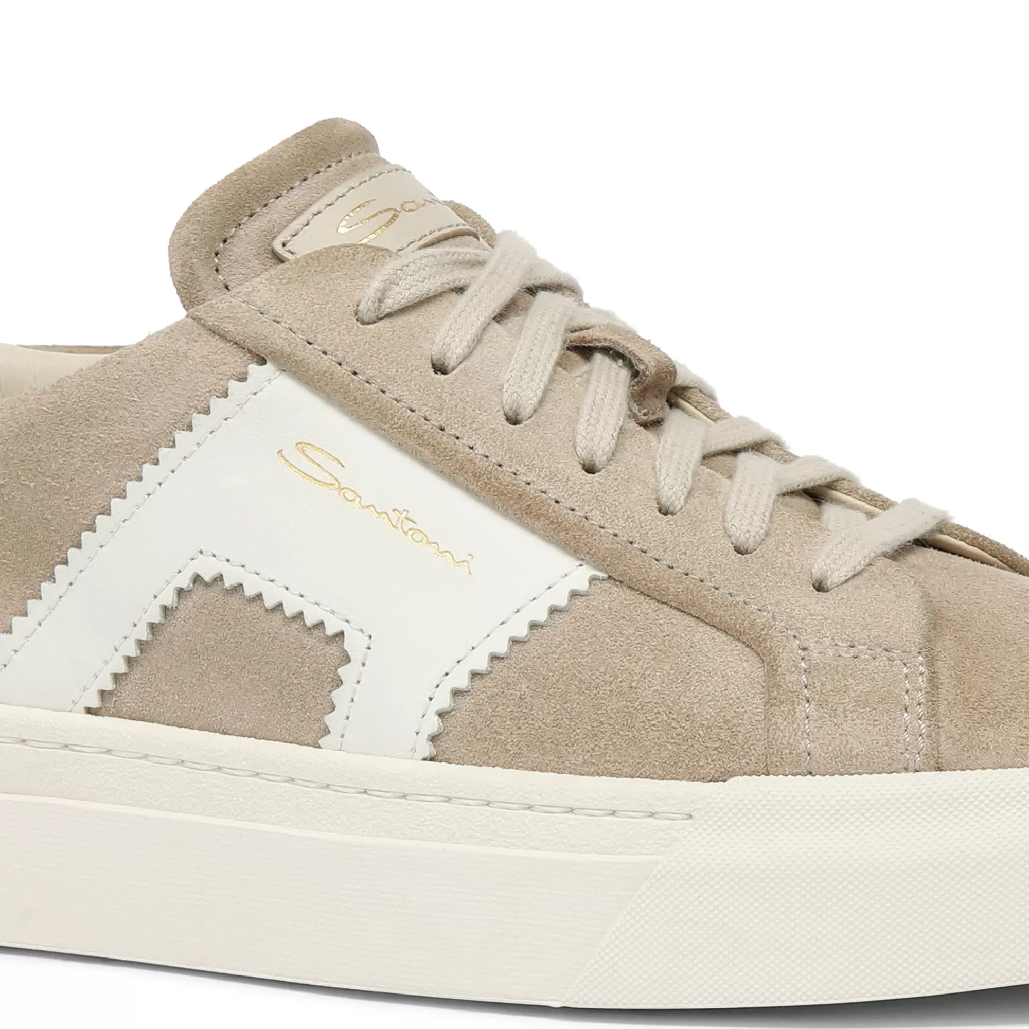 Shop Double buckle sneaker da donna in suede e pelle beige e bianca Vedi tutte le calzature | Sneakers