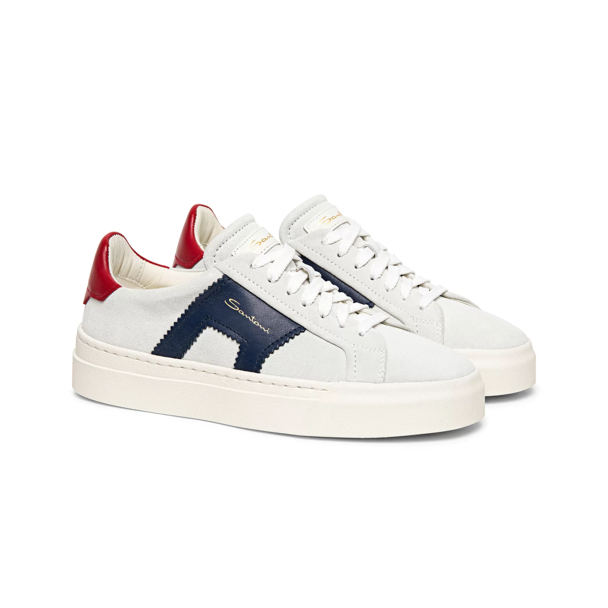 Flash Sale Double buckle sneaker da donna in suede e pelle bianca, blu e rossa Vedi tutte le calzature | Sneakers