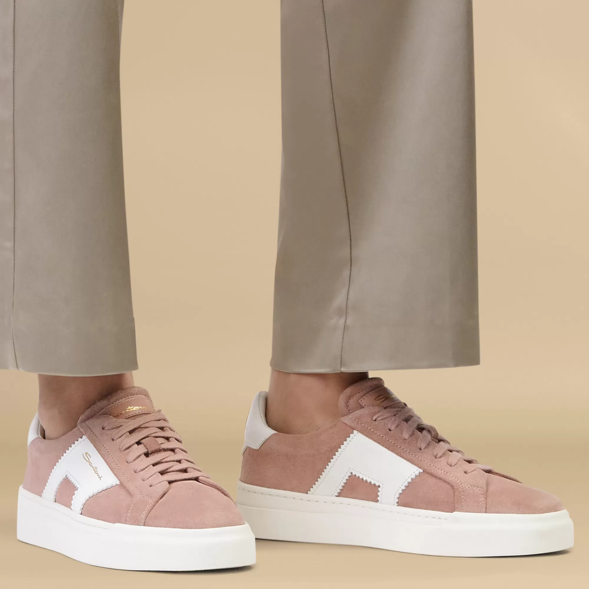 Clearance Double buckle sneaker da donna in suede e pelle rosa e bianca Vedi tutte le calzature | Sneakers