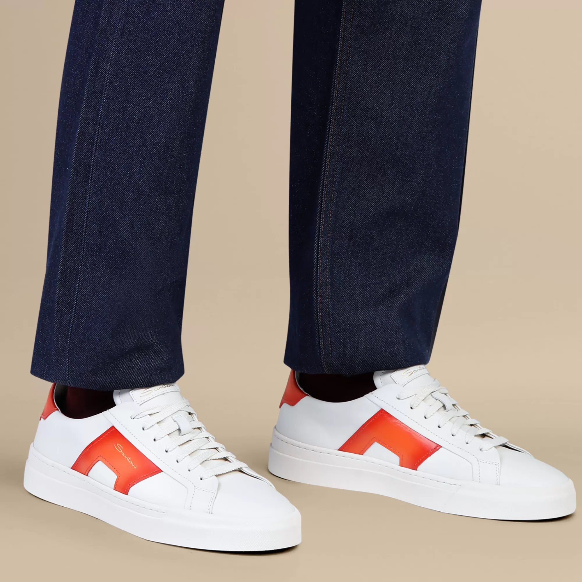 Outlet Double buckle sneaker da uomo in pelle bianca e arancione Vedi tutte le calzature | Sneakers