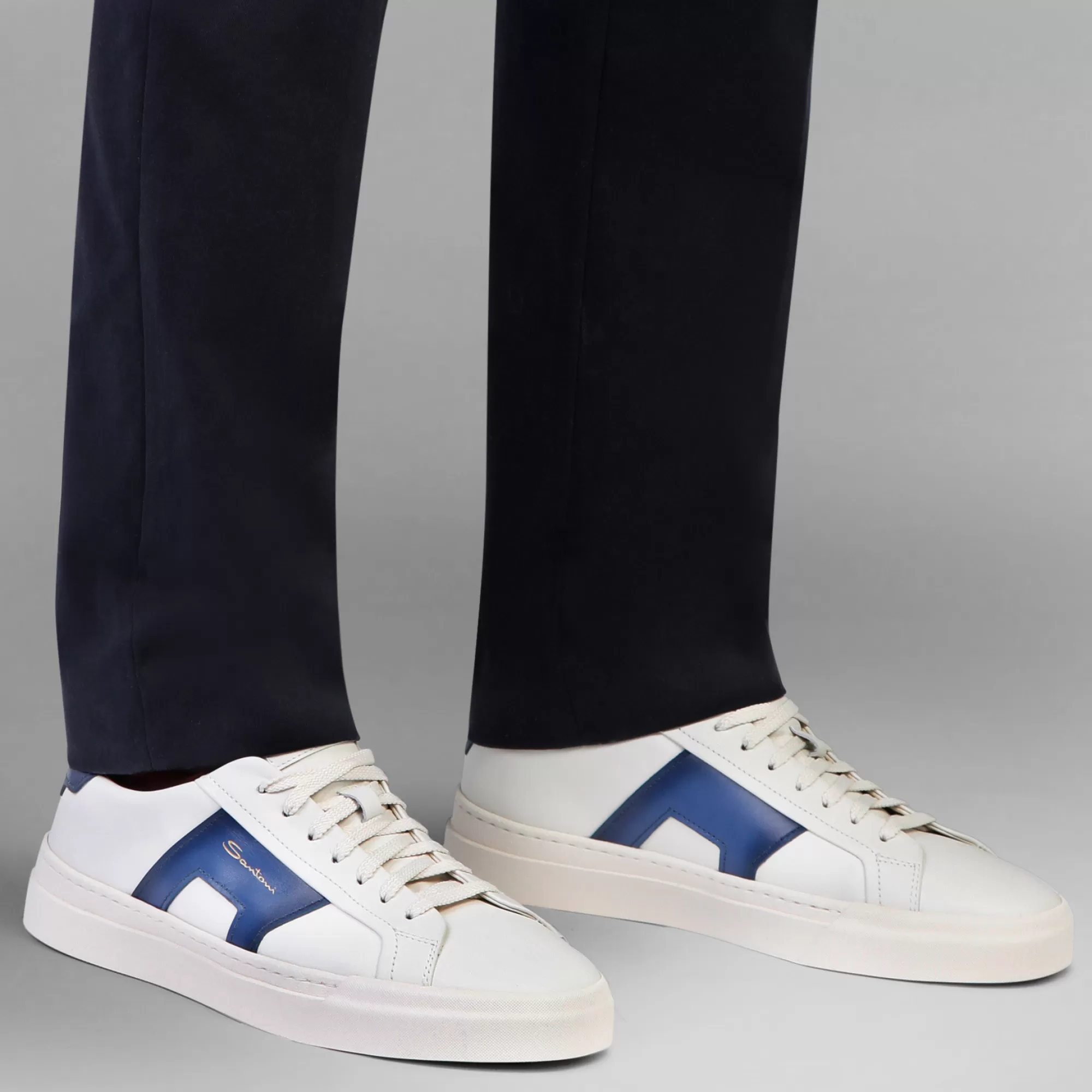 Best Sale Double buckle sneaker da uomo in pelle bianca e blu Vedi tutte le calzature | Sneakers