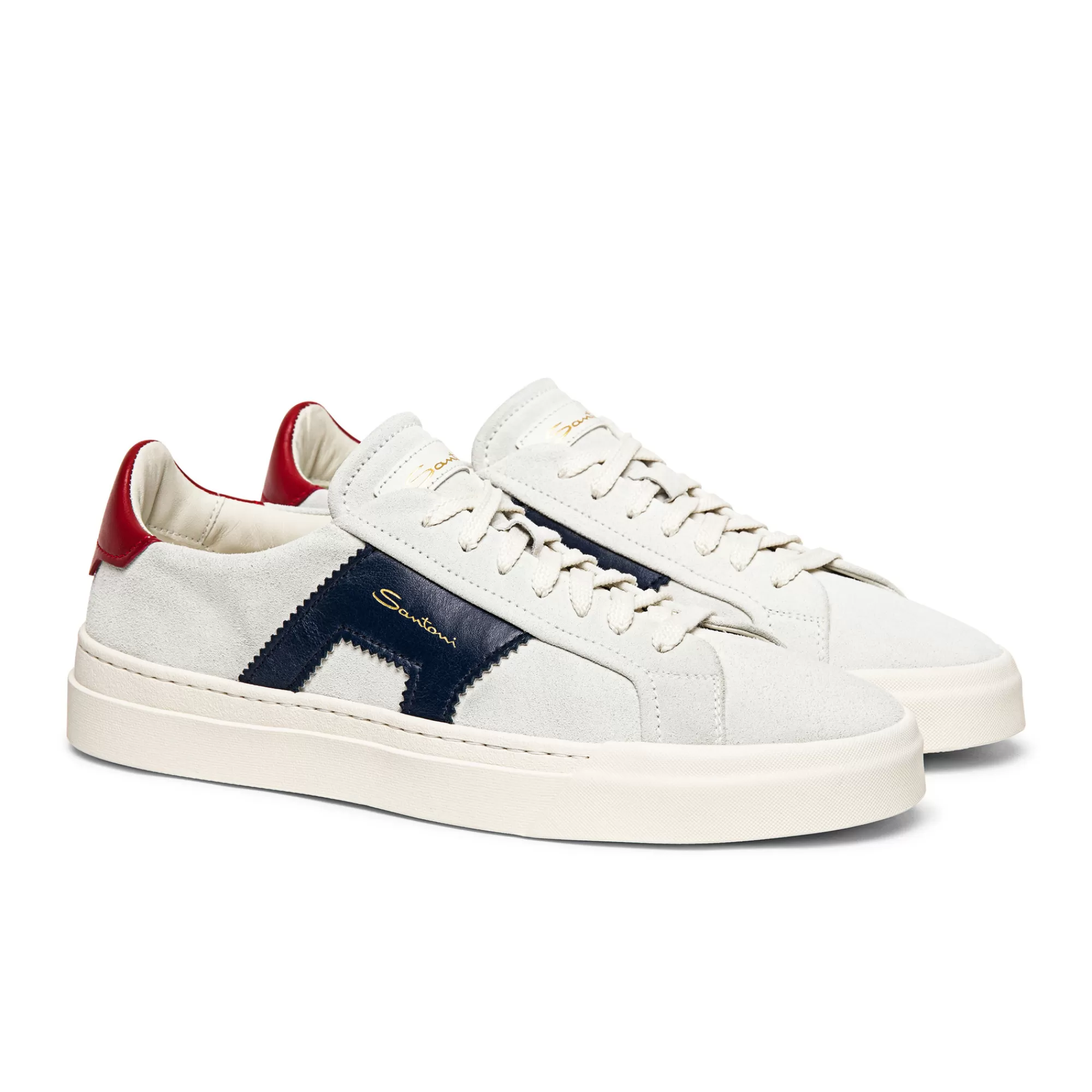 Store Double buckle sneaker da uomo in suede e pelle bianca, blu e rossa Vedi tutte le calzature | Sneakers