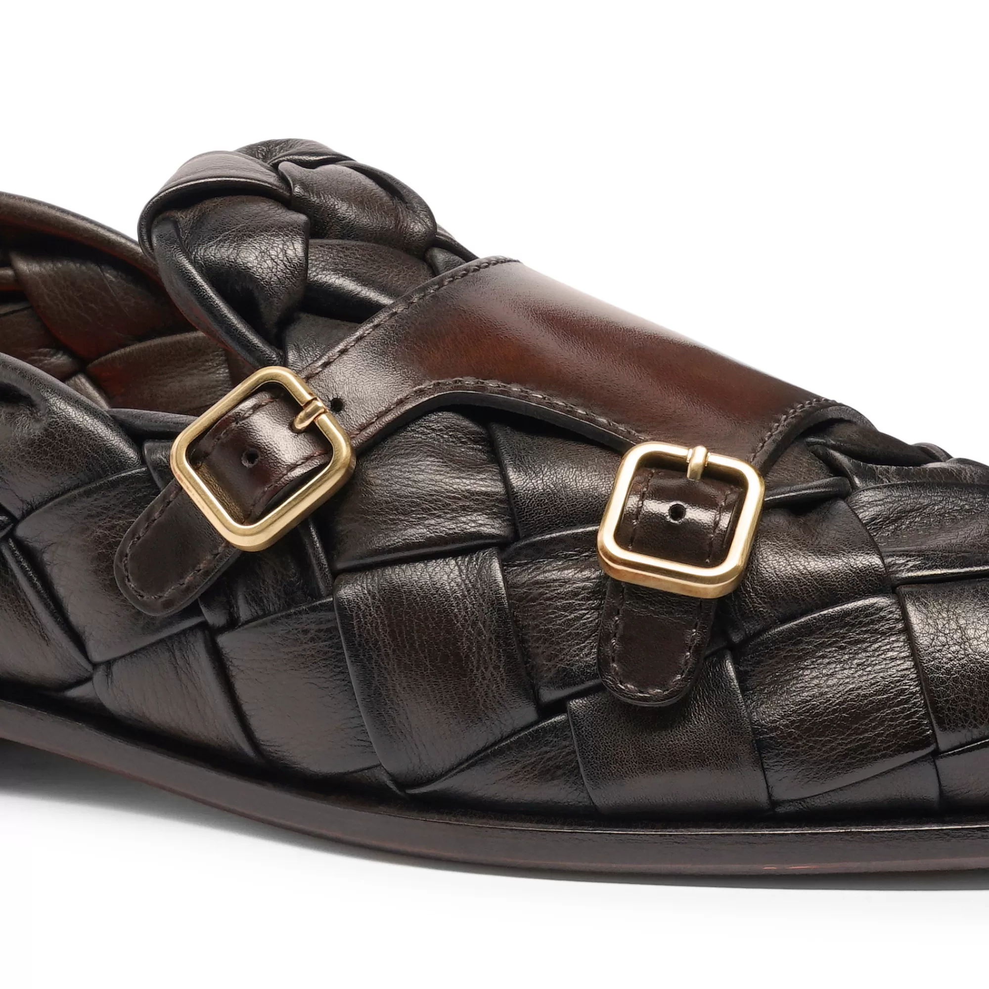 Online Mocassino con doppia fibbia e tomaia intrecciata in pelle anticata marrone | SUGGERIMENTI Vedi tutte le calzature | Doppia Fibbia